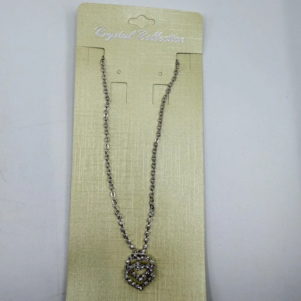 Stunning Double Heart Rhinestone Necklace Silver Tone Romantic Coquette Gift